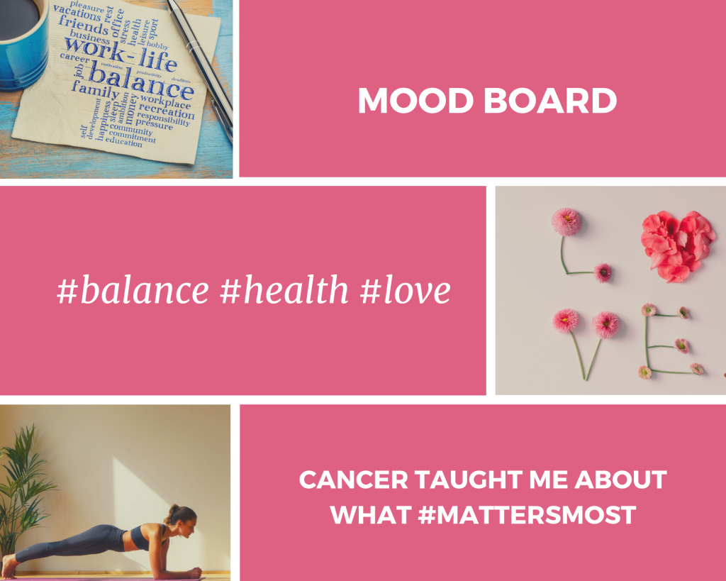Bright pink mood board with the words   Balance. Love. And Health. 